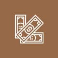 A white dollar bill icon on a brown background for Individual Income Tax Preparation